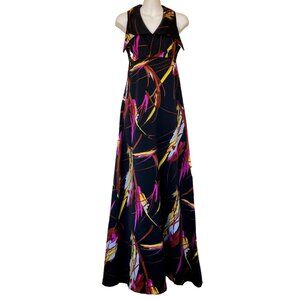 Blossom Time Sleeveless Maxi Dress Wide Collar Brushstroke Print Vintage 70s